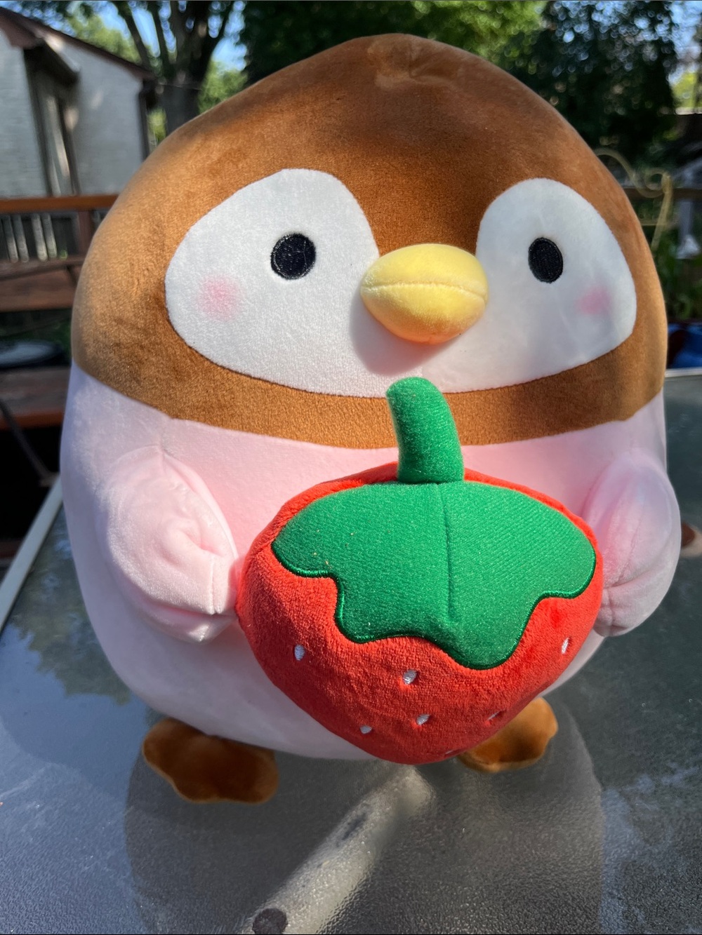 Takashoji Plush Pink Penguin Holding Strawberry 14”